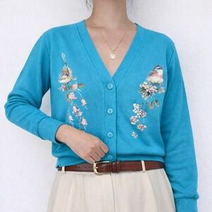 TKO Sportswear Grandma Cardigan S Blue Bird Graphic Granny VTG 90s Ugly Sweater